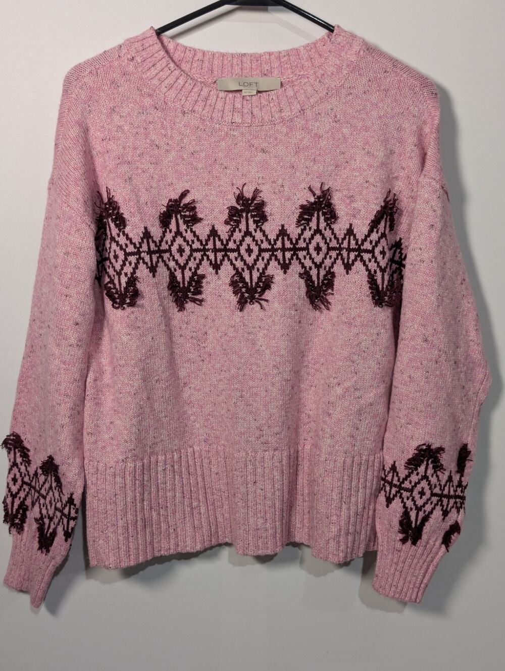 ANN TAYLOR Loft Fringe Fair Isle Mock Neck Sweater Size XS Pink Aztec Boho Shirt